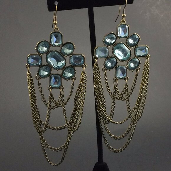 Long Blue Rhinestone Chain Swag Drop Costume Earrings Faceted 5" Runway - Picture 4 of 10